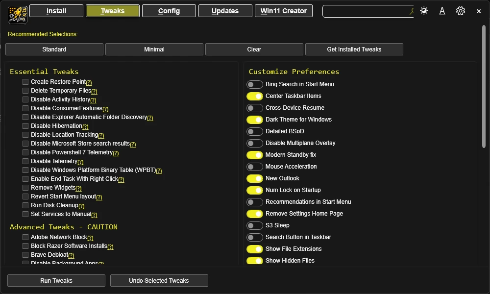 Essentials Tweaks Interface